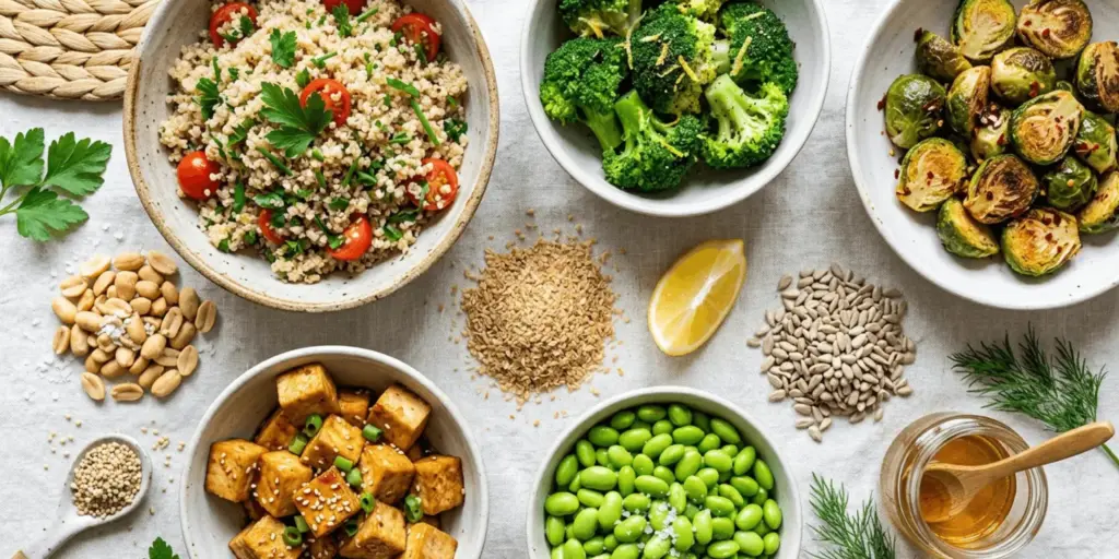 Vegan sources of choline including tofu, edamame, quinoa, broccoli, Brussels sprouts, peanuts and sunflower seeds, highlighting vegan choline, phospholipid food sources, choline vegetarian sources, and vegan phospholipids and choline.