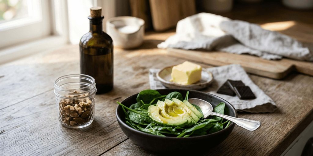 Ketones for brain health with avocado, spinach, walnuts, olive oil, butter and dark chocolate as sources of healthy fats.