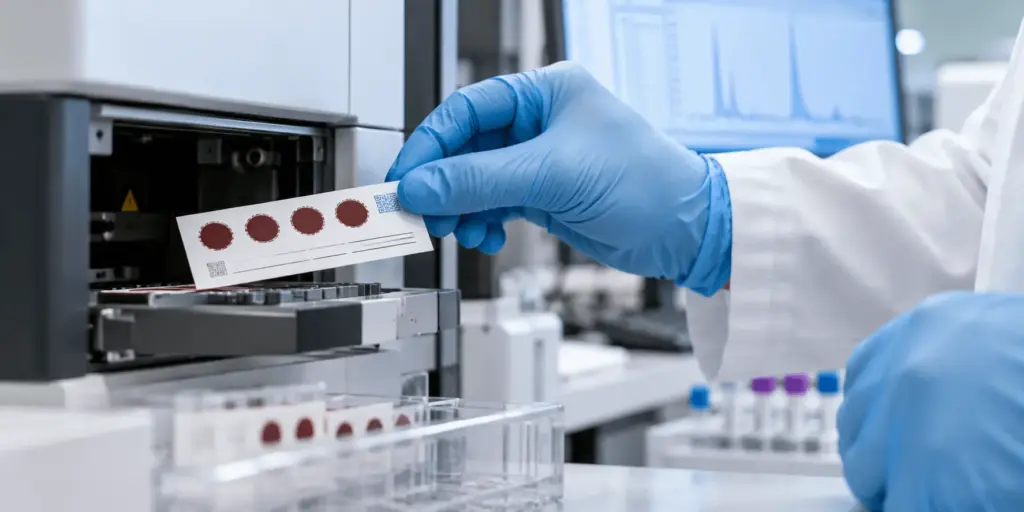 Dried blood spot sample being analysed in a laboratory for a homocysteine blood test