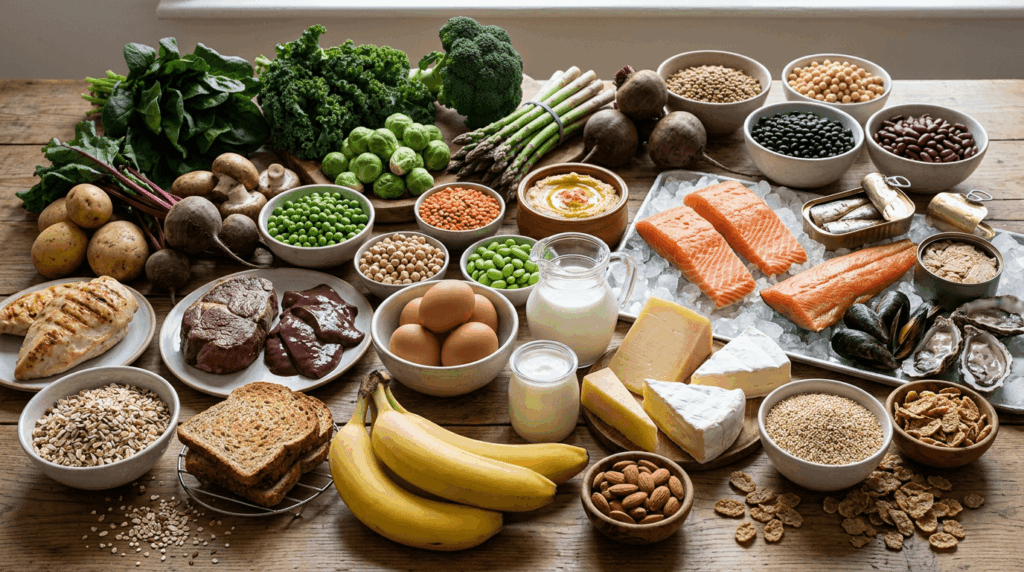 Foods that lower homocysteine including leafy greens, salmon, eggs, beans, whole grains, broccoli, asparagus, dairy, and nuts