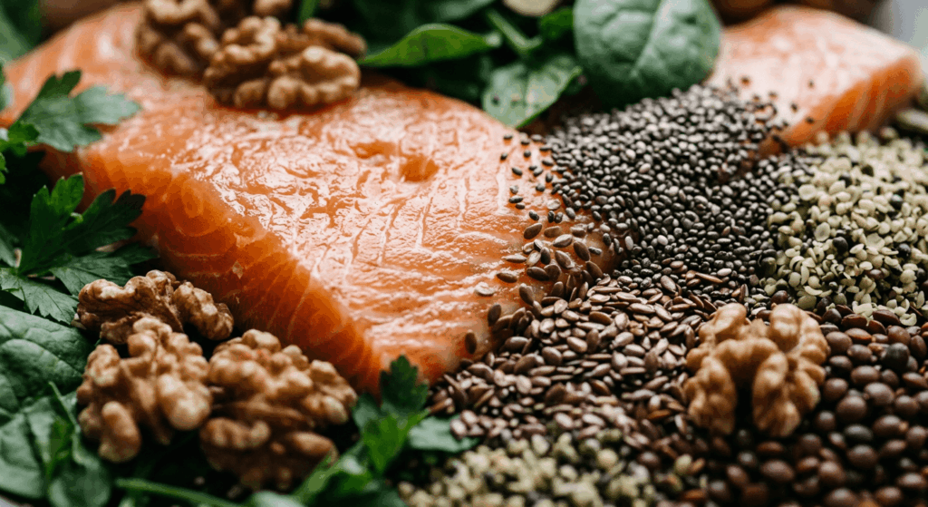 Fresh salmon, walnuts, leafy greens, and seeds, foods rich in omega-3 and B vitamins, nutrients linked to slowing brain shrinkage and supporting brain health. 